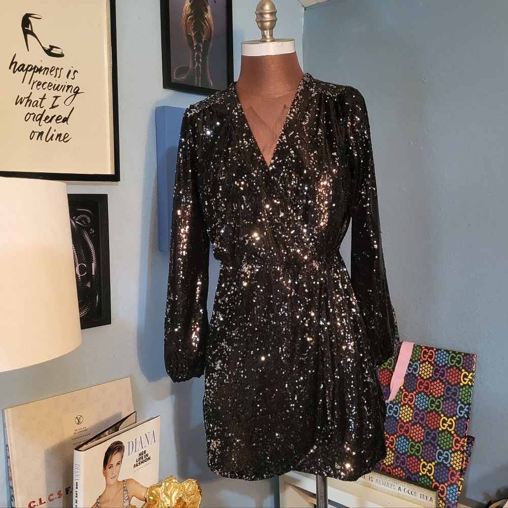 Honey Belle Faux Wrap Black/Silver Sequin Dress